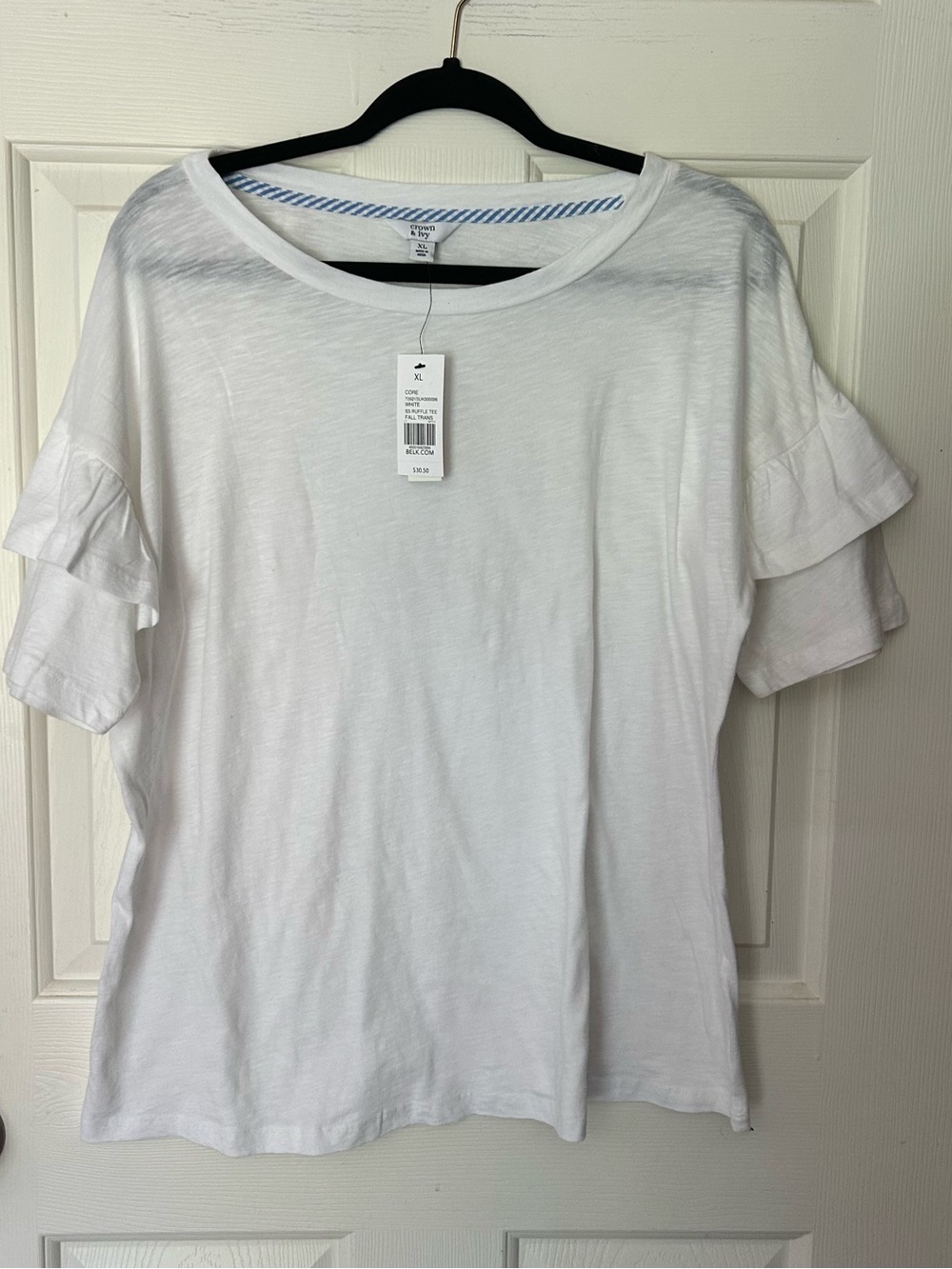 Crown and Ivy Women's Short Sleeve Ruffle Tees White XL Cotton Casual NWT